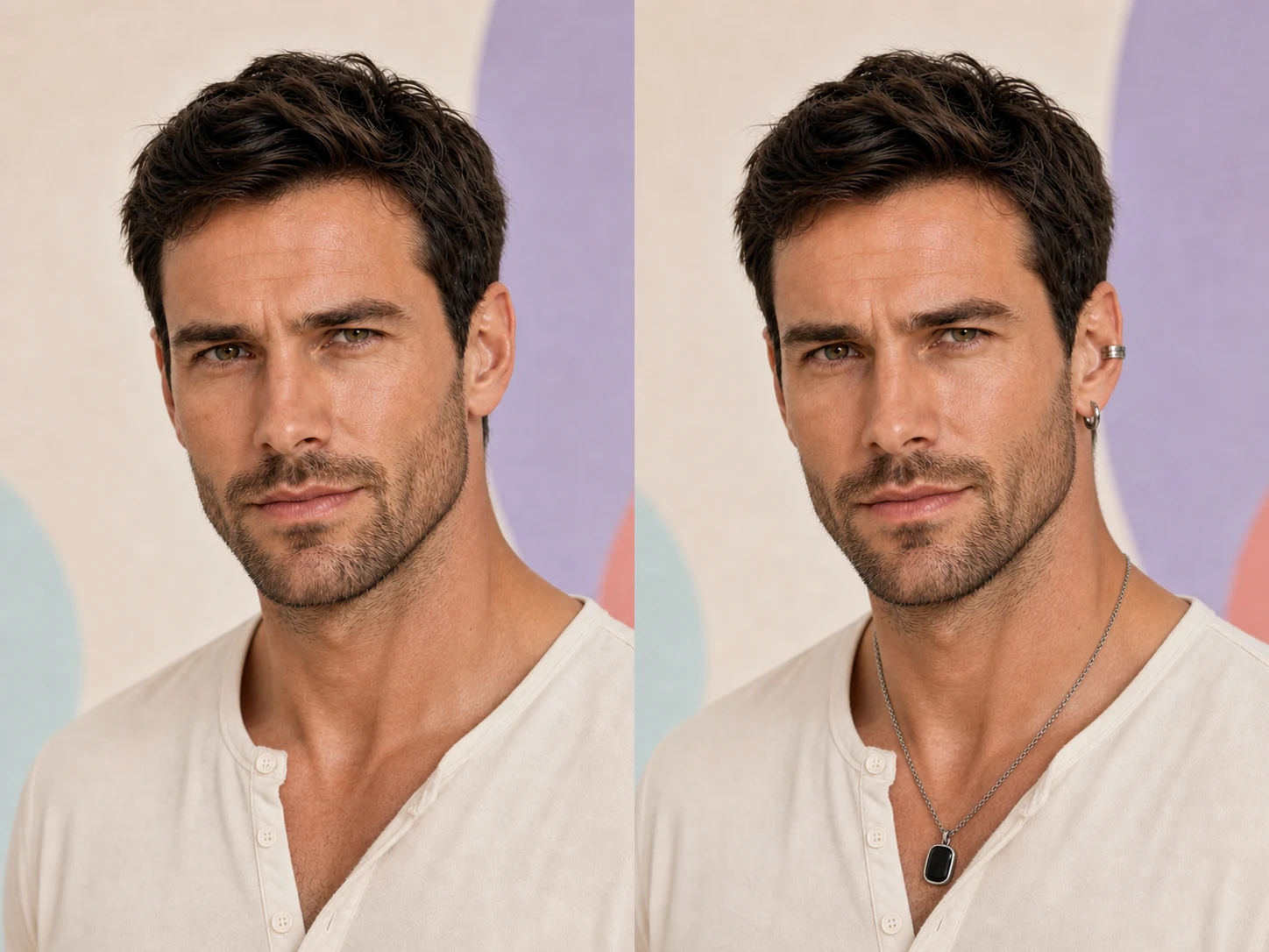 Before-and-after preview of a man with silver earrings and a black onyx pendant