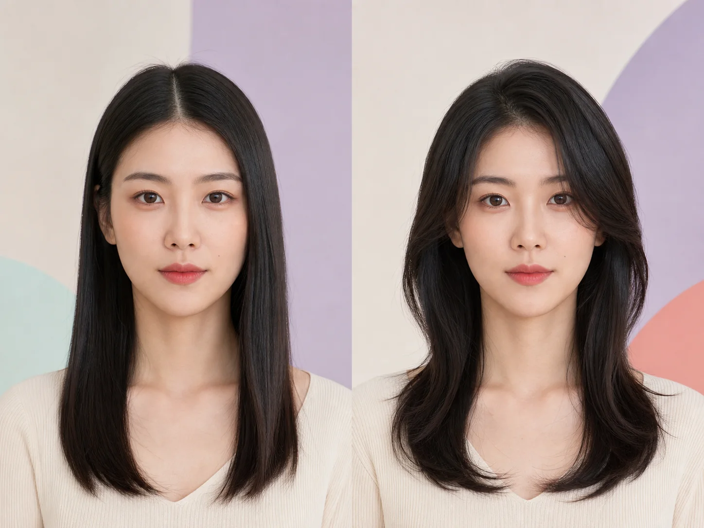 Concept preview showing the same woman with straight hair and a softly layered hairstyle